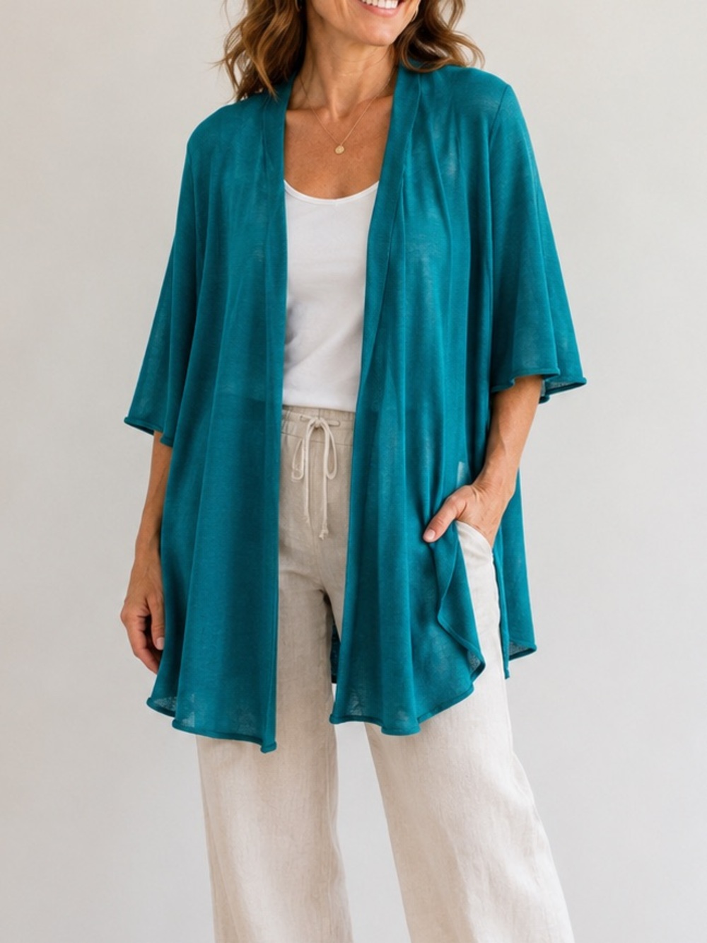Eileen Fisher Open Front Cardigan Teal Size Large Lightweight Layering Sweater